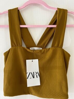 Zara Ribbed Square-Neck Crop Top in Mustard Brown